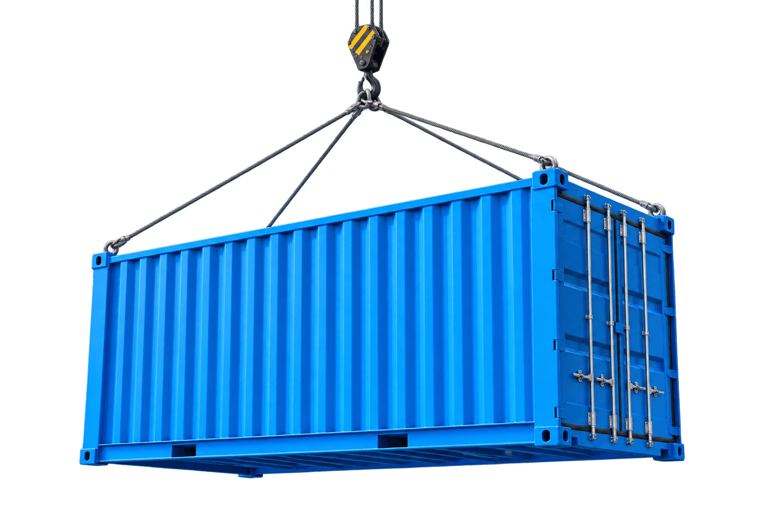 Blue shipping container suspended by a crane